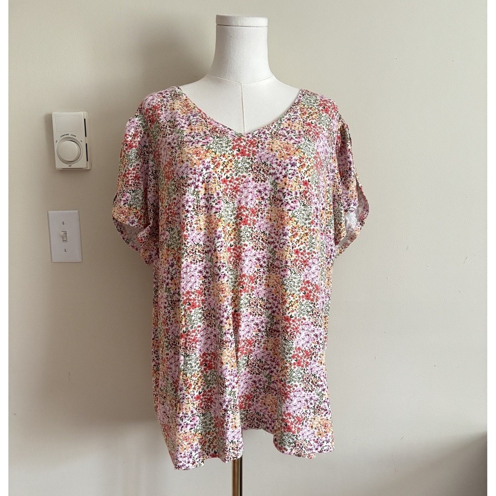 Lauren Conrad Short Sleeve Top Plus Size 2X Floral Cotton Pink Yellow Cottage